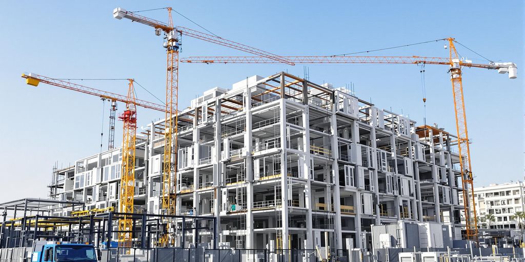 Modern prefabricated building construction with advanced machinery in action.