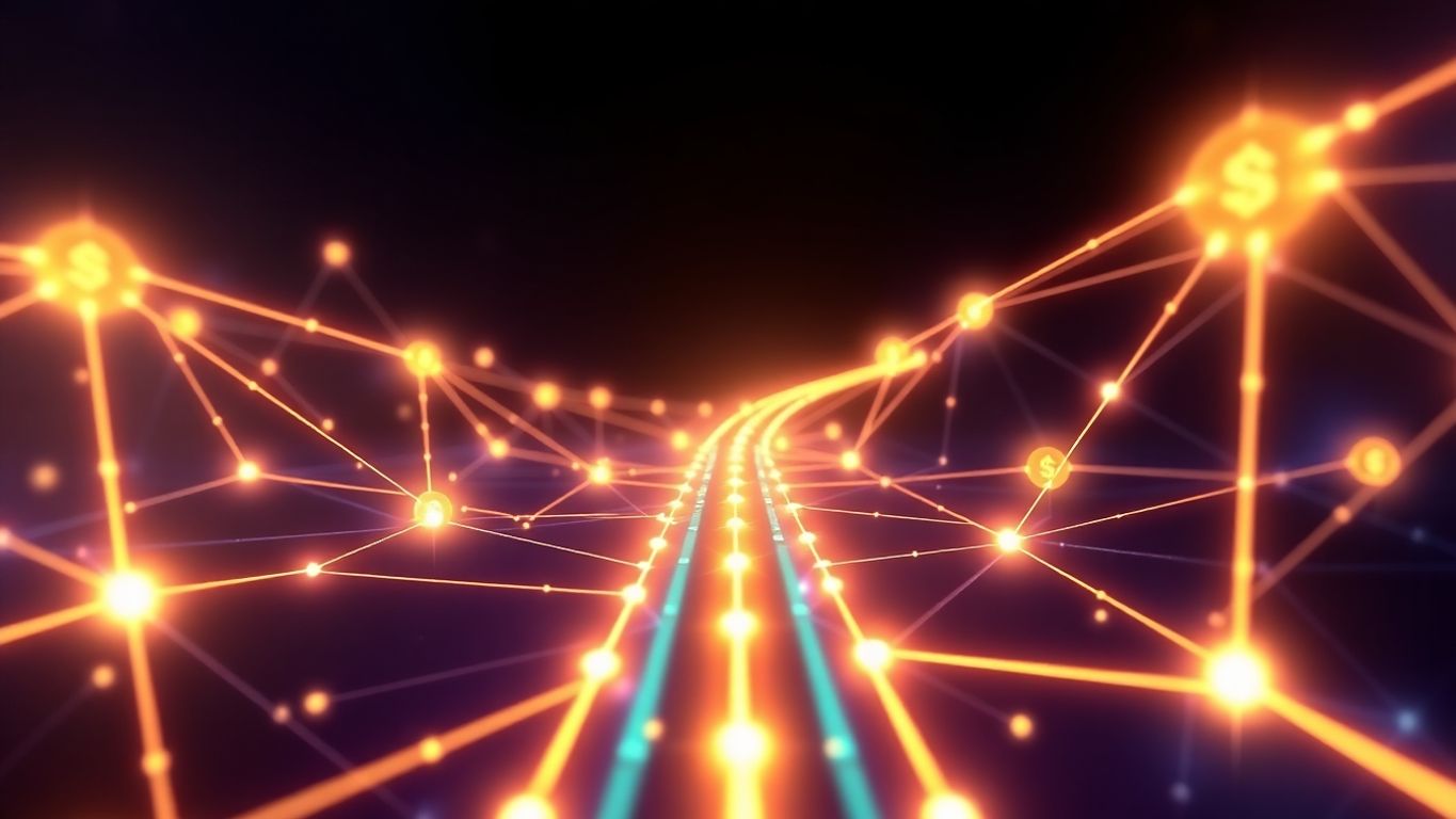 Solana blockchain network radiating interconnected digital currency.