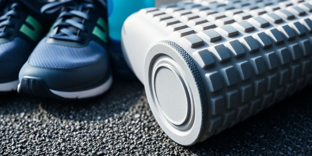 Foam roller beside running shoes and water bottle.