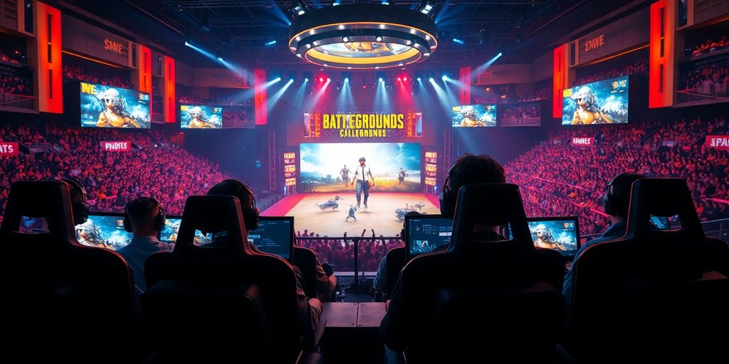 Professional PUBG players competing intensely in a stadium.