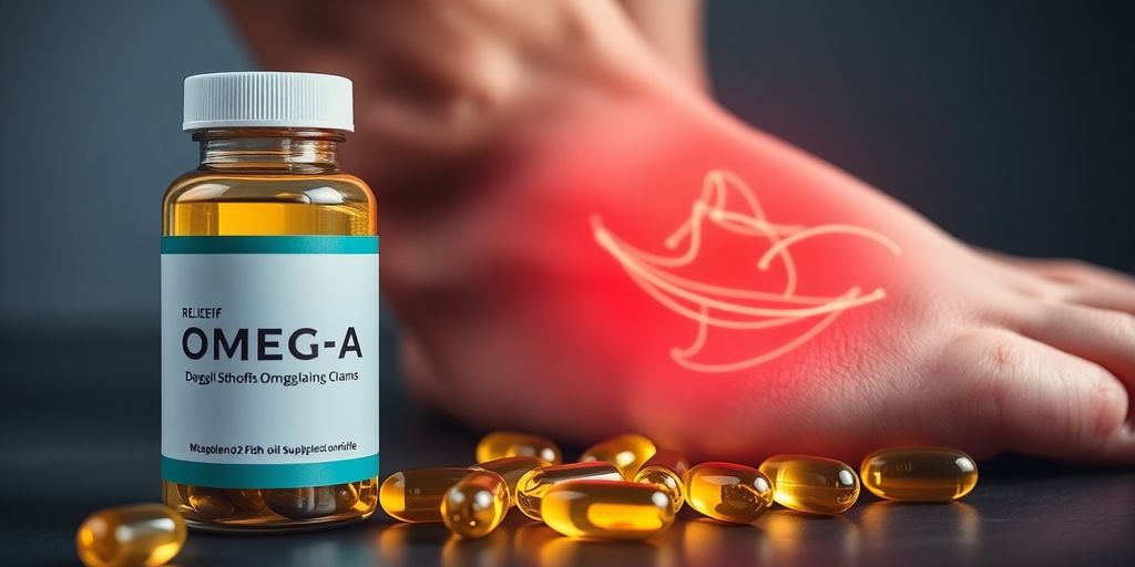 Omega-3 fish oil capsules and a person experiencing a muscle cramp.
