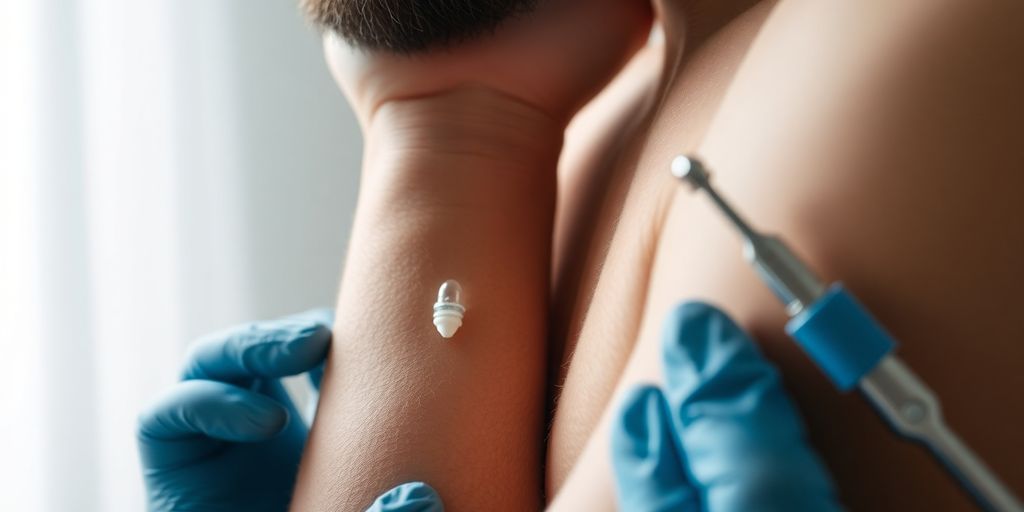 Implante hormonal masculino em braço masculino.