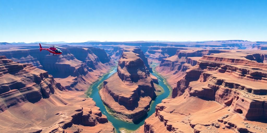 An aerial view of a helicopter flying over the Grand Canyon.