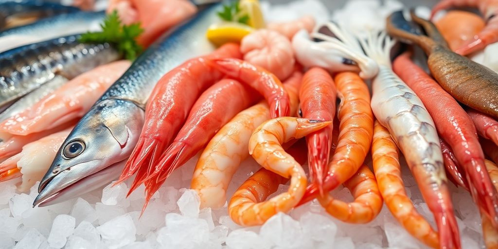 อาหารทะเลสดวางบนน้ำแข็ง