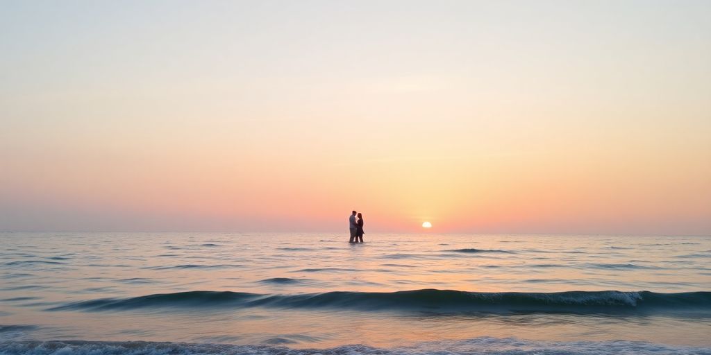 Silhouettes of a couple at sunrise by the ocean.