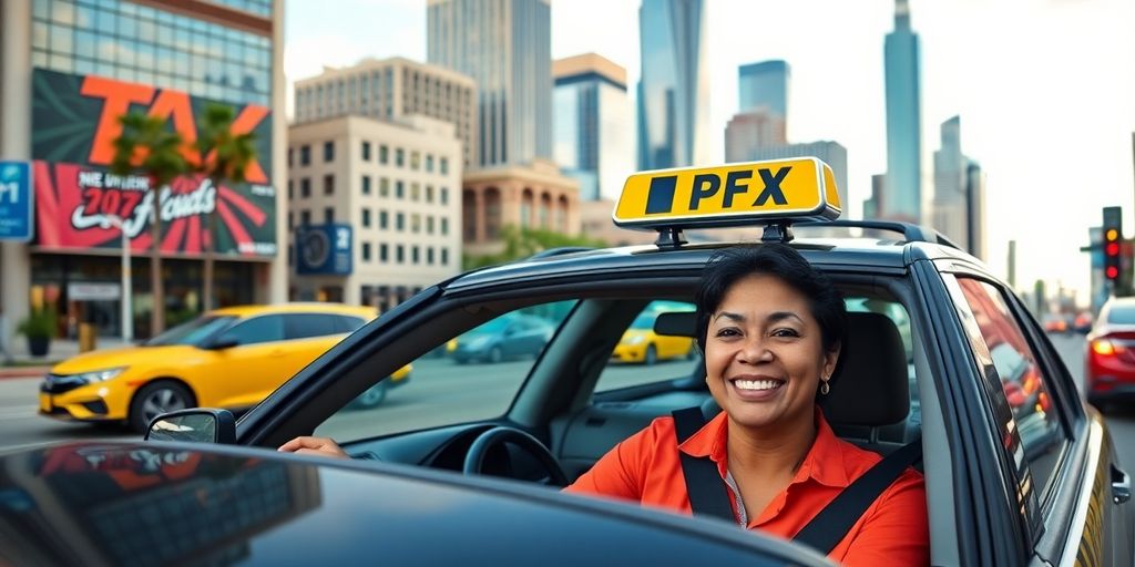 Professional cab driving through DFW city streets.