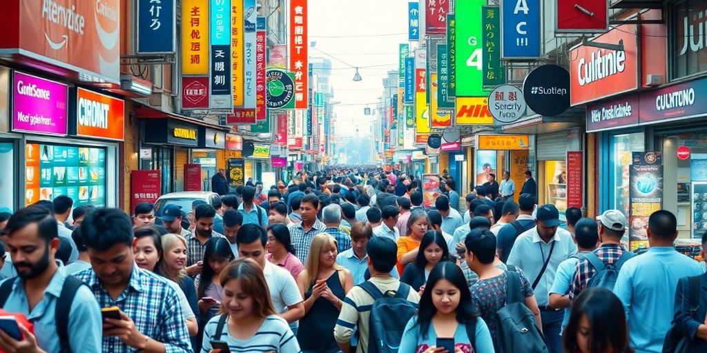 Pessoas usando dispositivos móveis em uma rua movimentada.