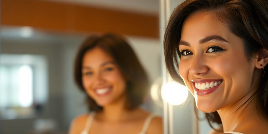 Person speaking positively to mirror reflection.