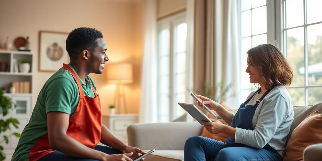 Friendly service provider helping in a cozy living room.
