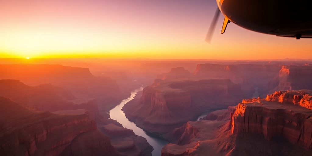 Helicopter flying over Grand Canyon at sunset, river below.