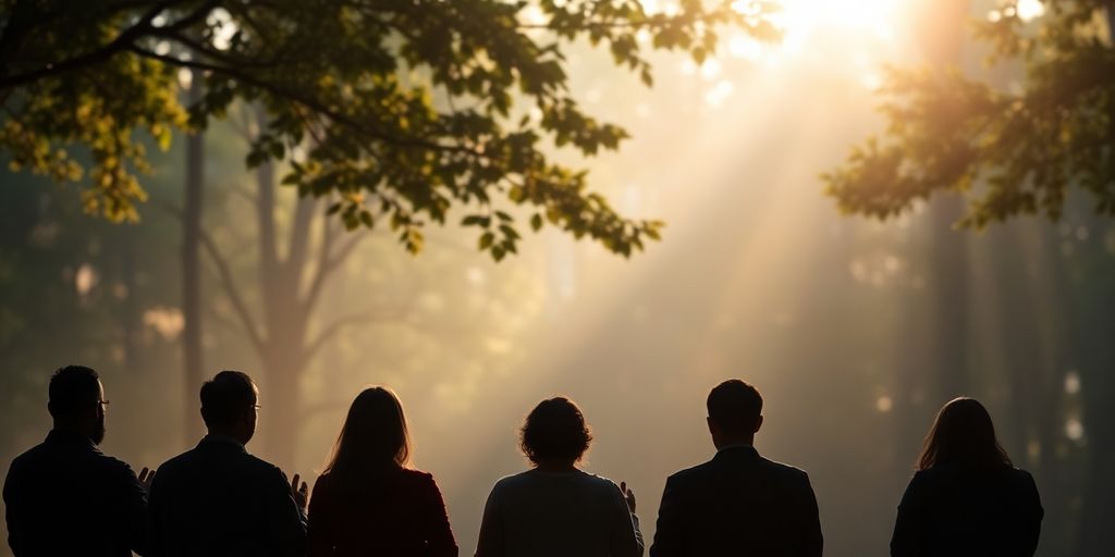Silhouettes in prayer surrounded by soft, natural light.