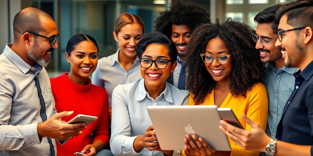 Group of professionals communicating with modern technology.