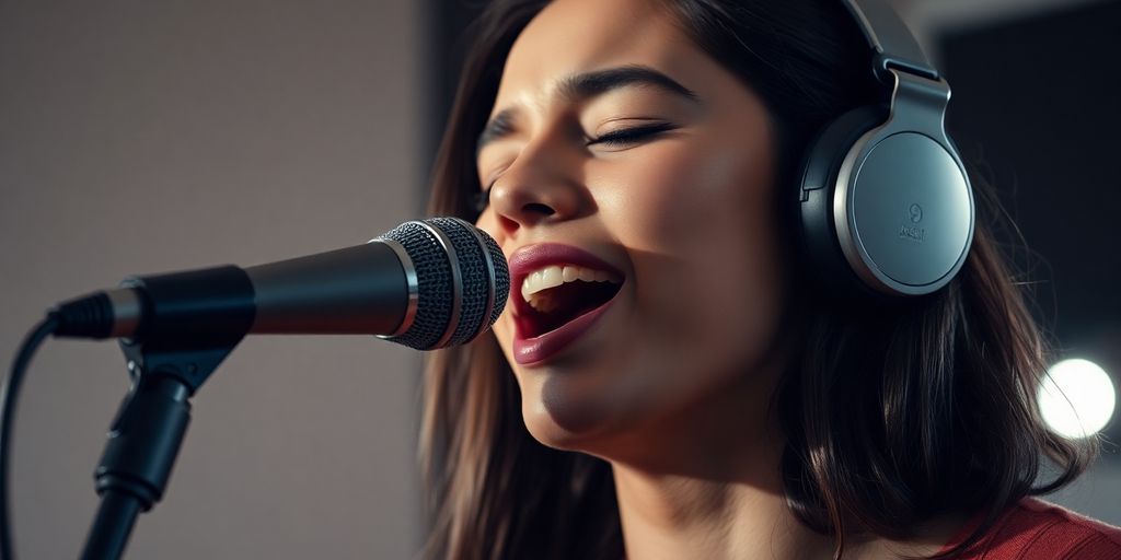 Person singing with eyes closed in a studio.