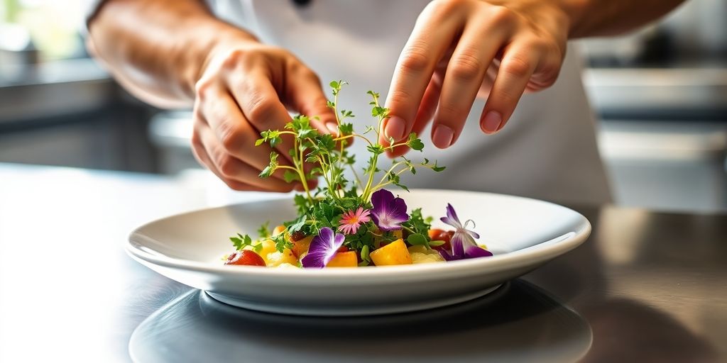 Chef expertly garnishing a gourmet dish with precision.