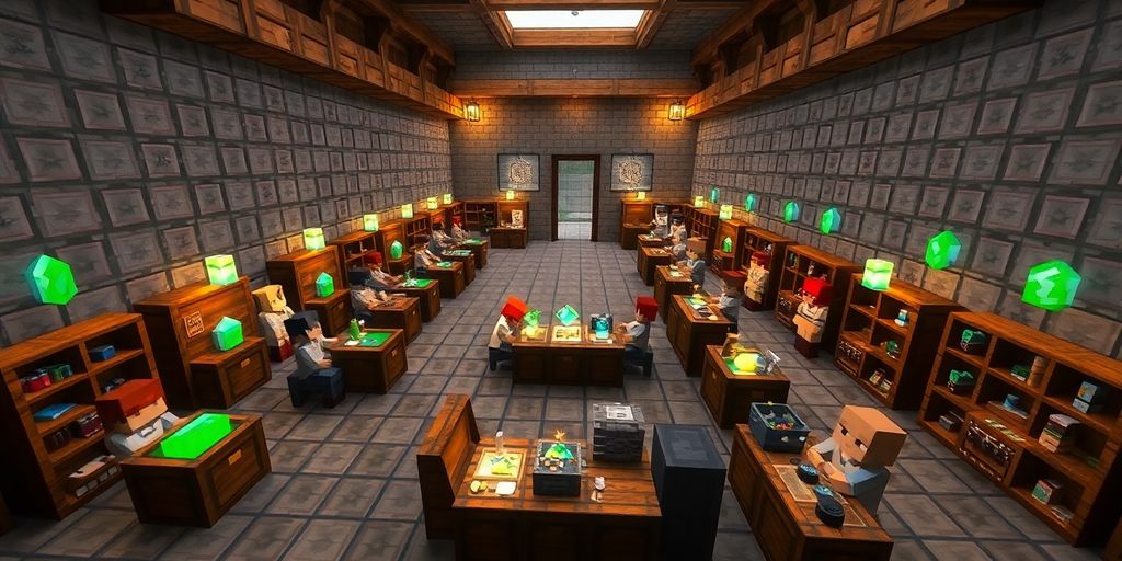 Minecraft villager trading hall, emeralds, workstations.