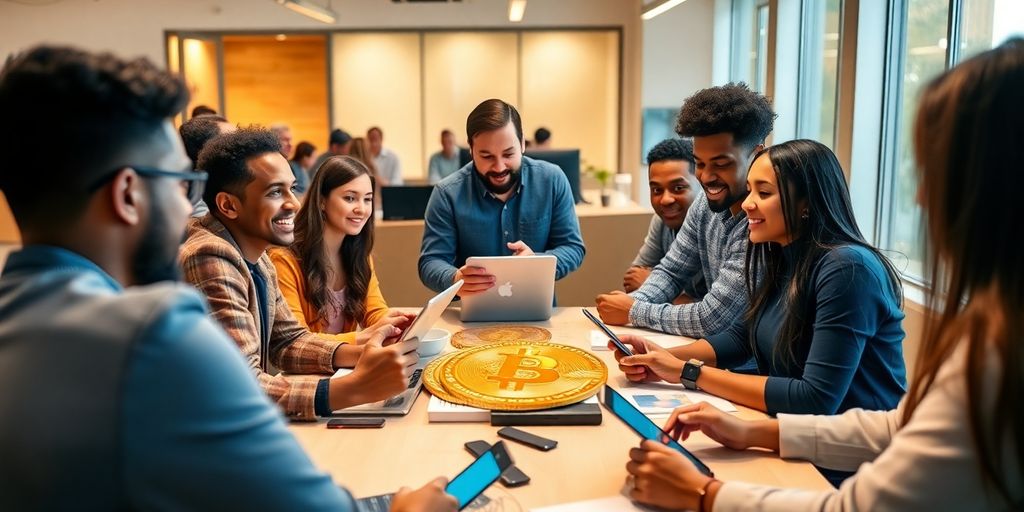 Group of people discussing cryptocurrency in a modern setting.