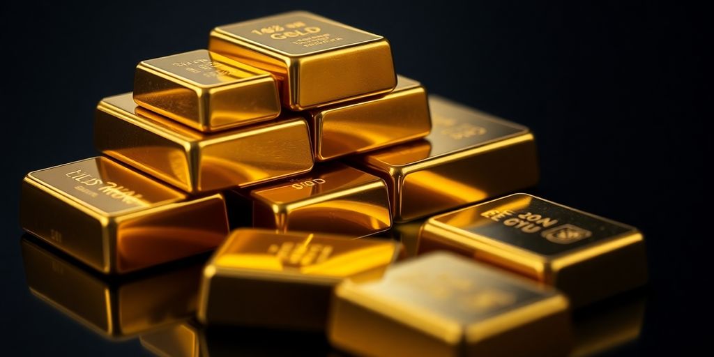 Des barres d'or empilées sur une surface sombre.