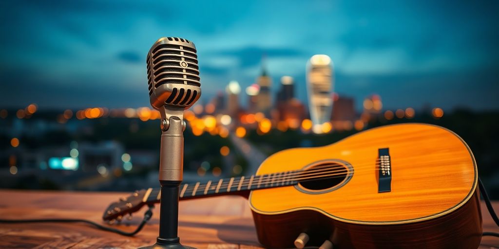 Nashville skyline, music notes, guitar, microphone.