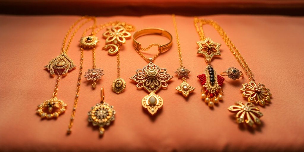 Collection de bijoux en or sur fond en velours.