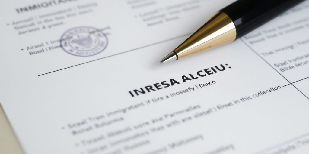 Photograph of an immigration document and a pen.