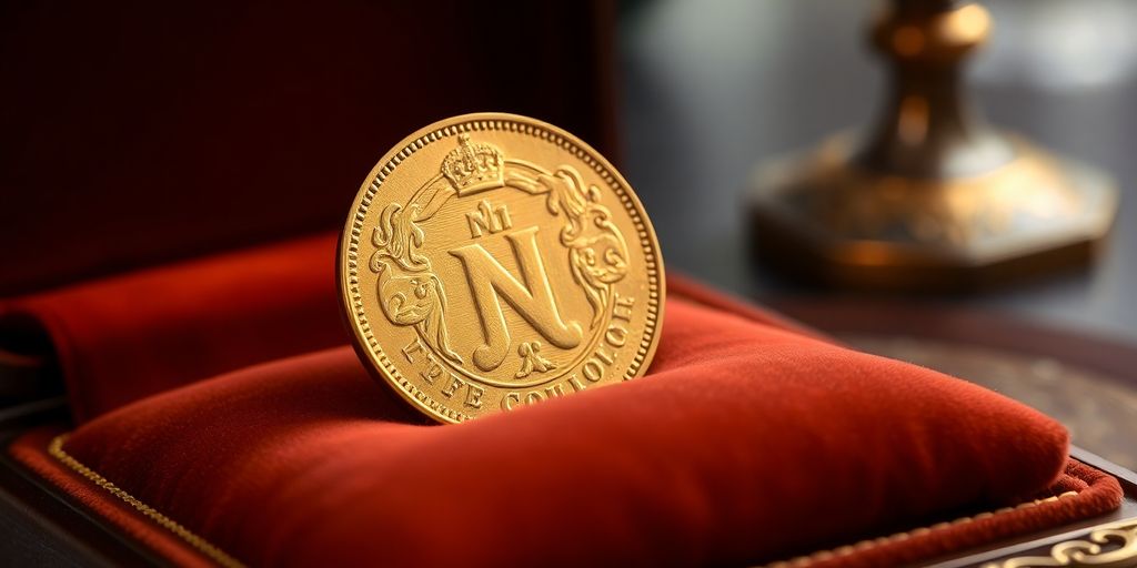 Une pièce en or de Napoléon sur un coussin.