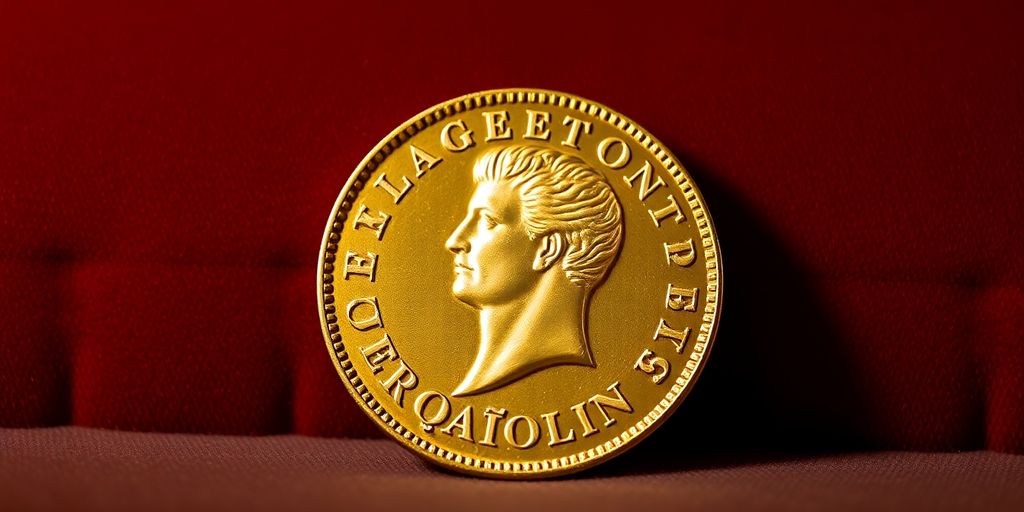 Pièce en or Napoléon sur fond de velours.