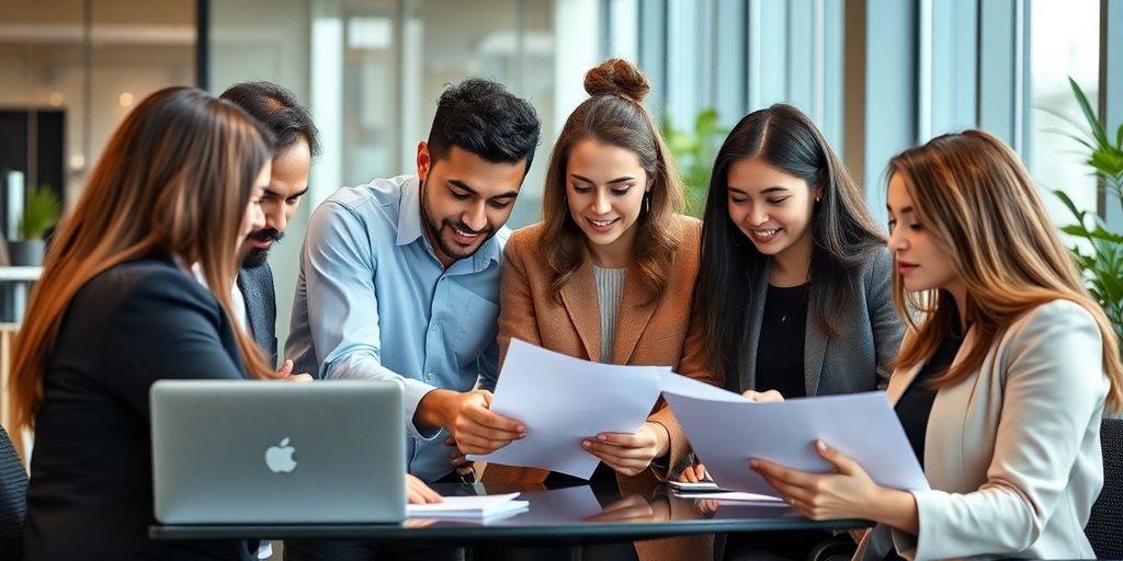 Diverse professionals collaborating in a modern office.