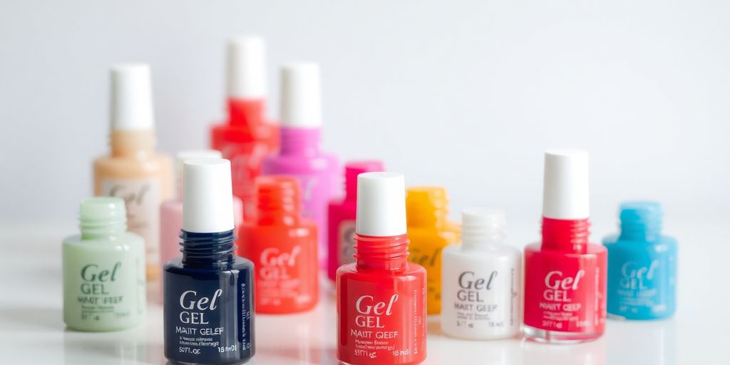 Colorful nail gel bottles on a clean surface.