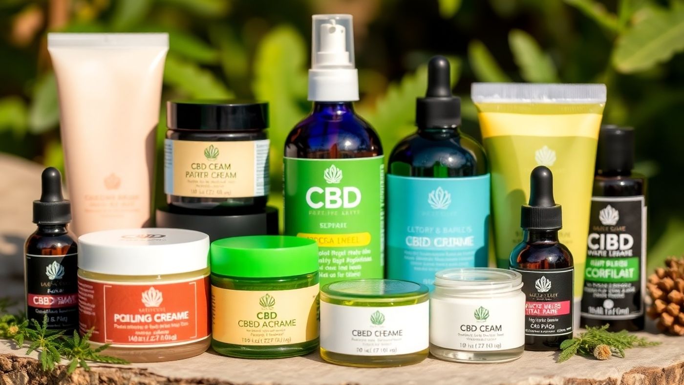 Various CBD topical products on a natural background.