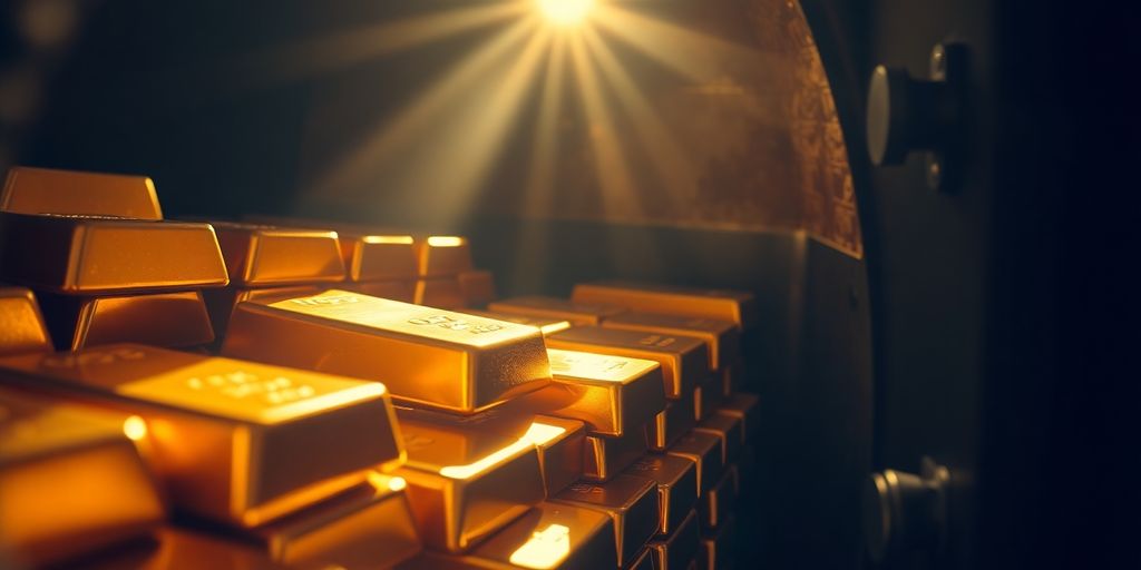 Lingots d'or brillants dans un coffre ouvert.