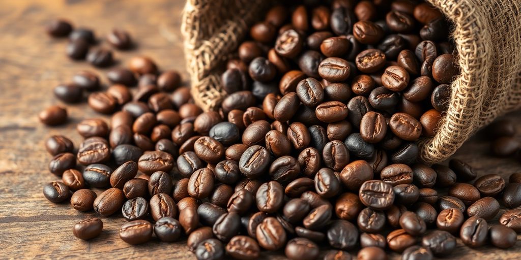 Coffee beans spilling from a burlap sack.