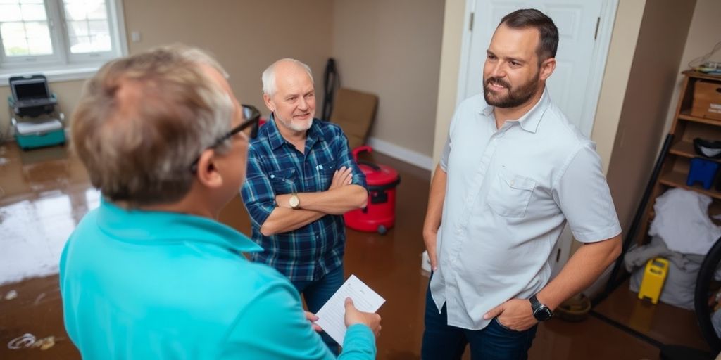 Homeowner meeting water damage contractor in flooded space.