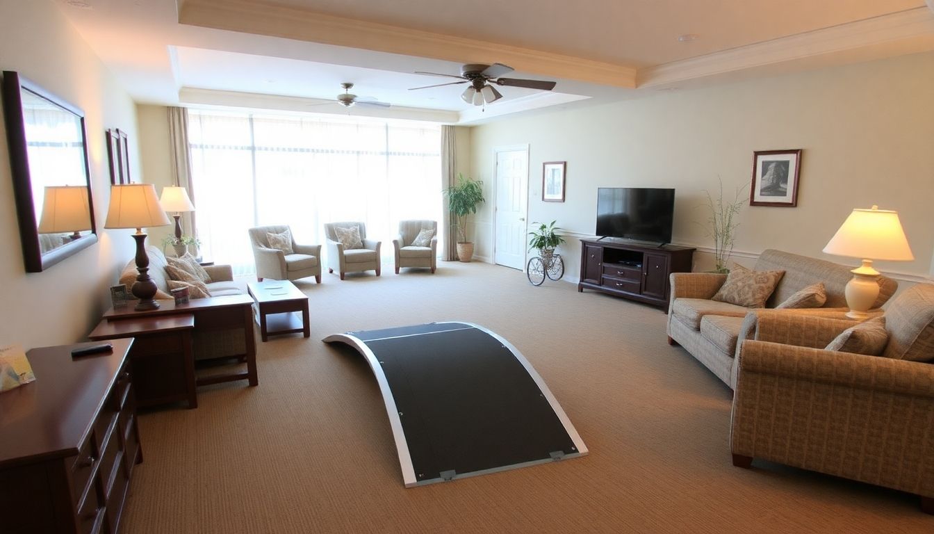 Accessible living room with wide pathways and ramp.