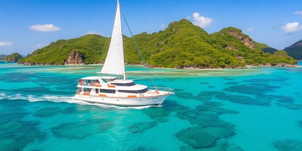 Private boat in turquoise waters around Komodo Islands.