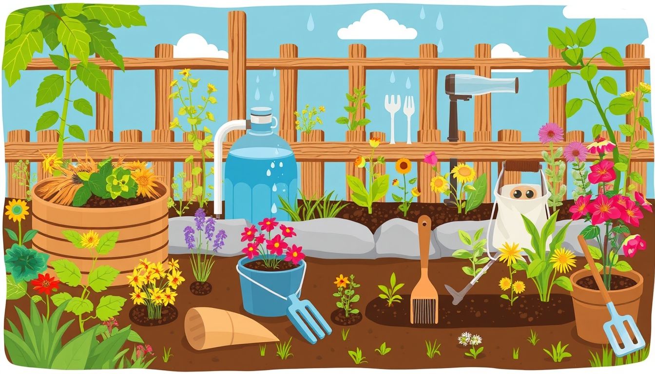Illustrative garden with sustainable practices and eco-friendly tools.