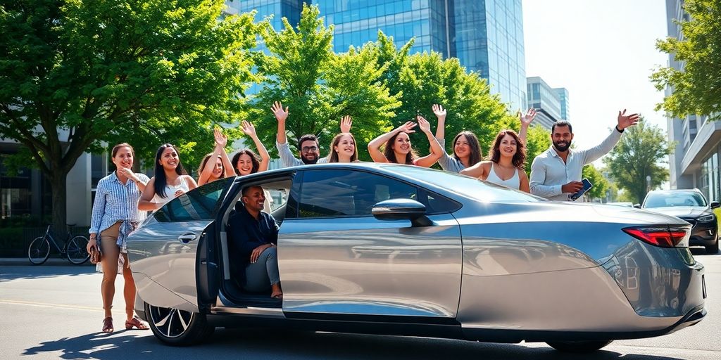 People exit shared car in sunny city