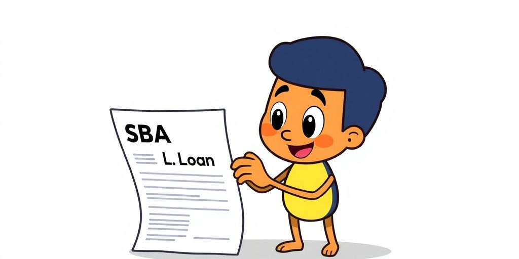 Cartoon character looking at an SBA loan document.