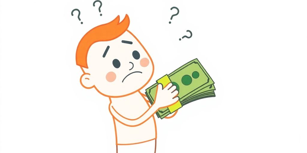 Cartoon character holding money, looking confused
