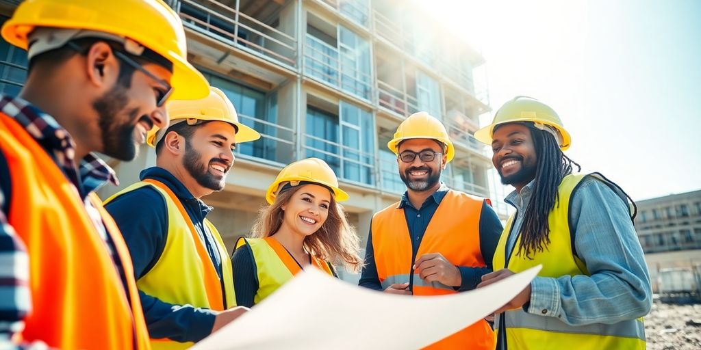 Construction crew on site with blueprints.