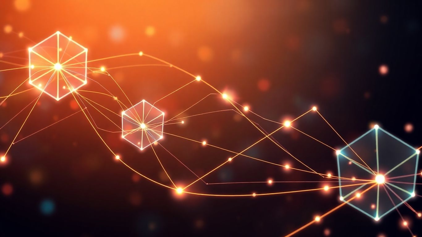 Interconnected digital pathways and evolving business structures infographic.