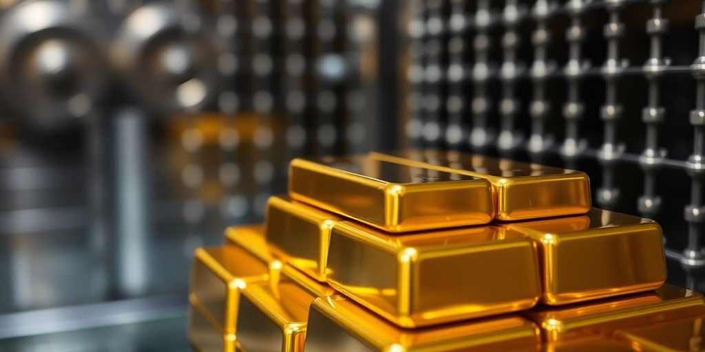Barres d'or empilées dans un coffre sécurisé.