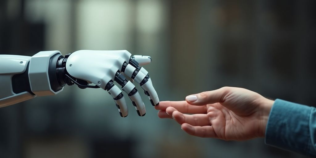 AI robot offering a comforting handshake to a human.