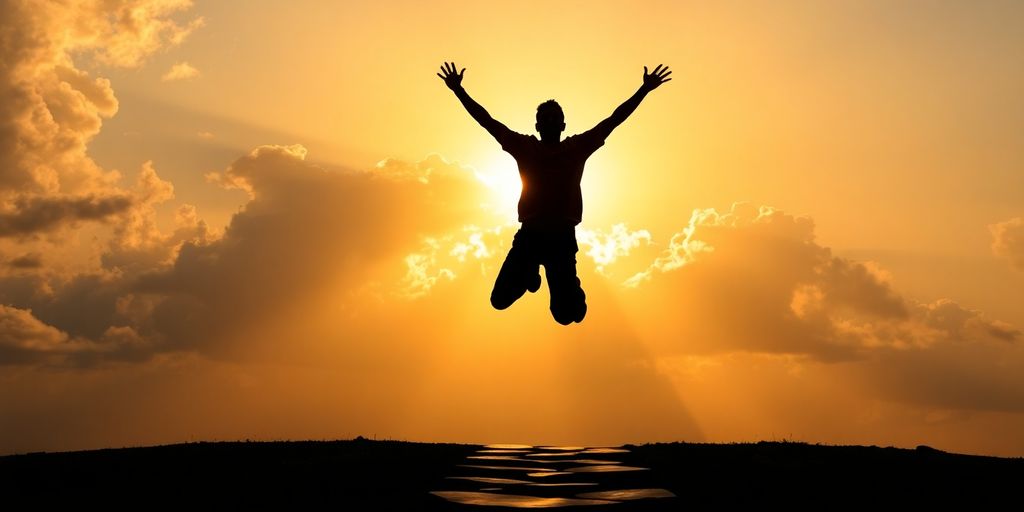 Person leaping joyfully towards a bright sunrise.