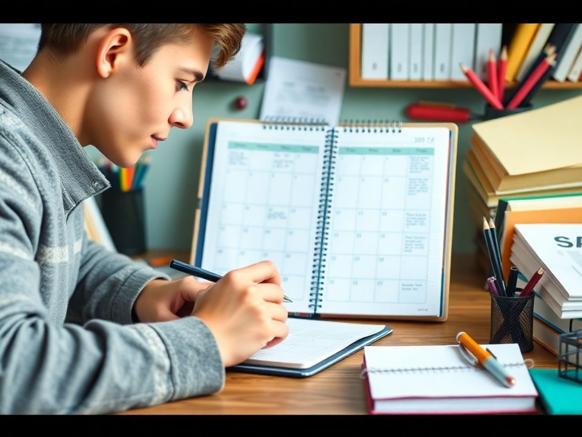 Student studying with planner and books on a desk.