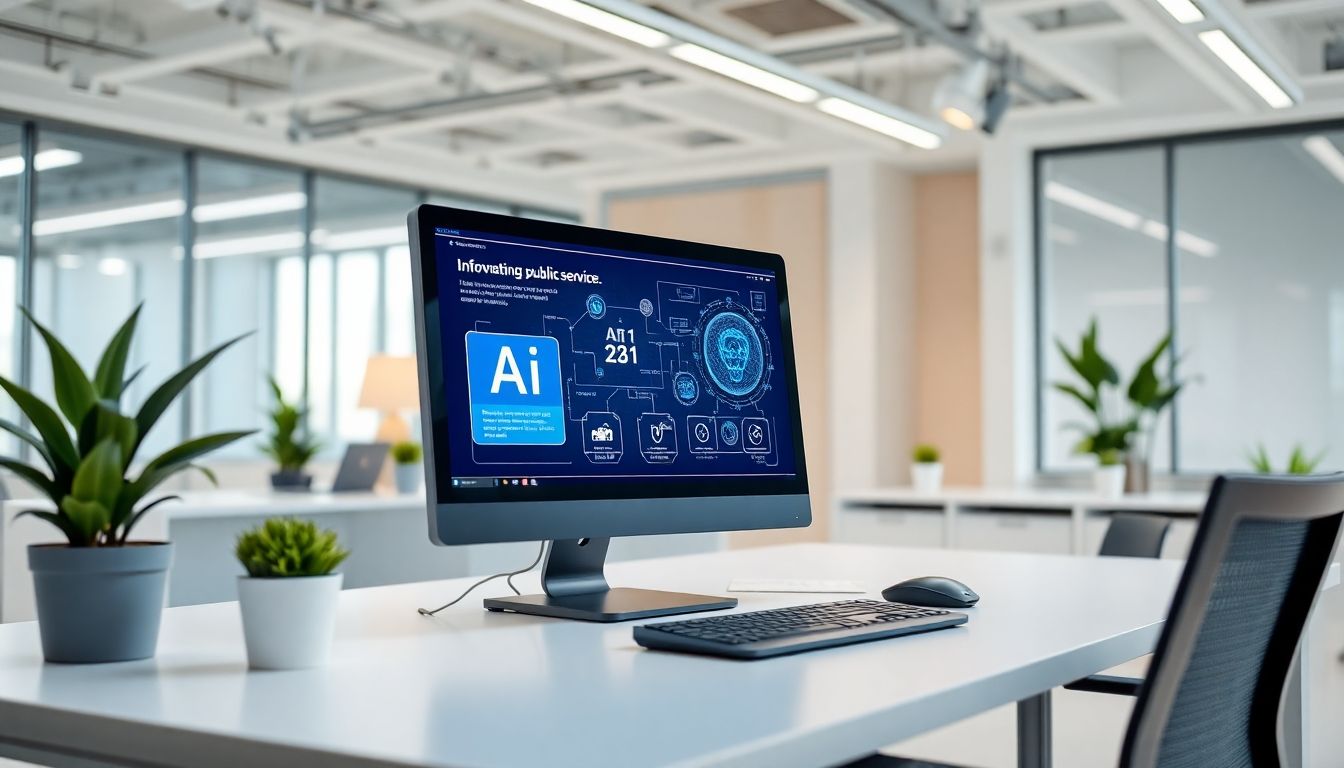 Modern office with AI tool interface on computer screen.