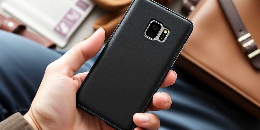 Black leather wallet case on Samsung S9.