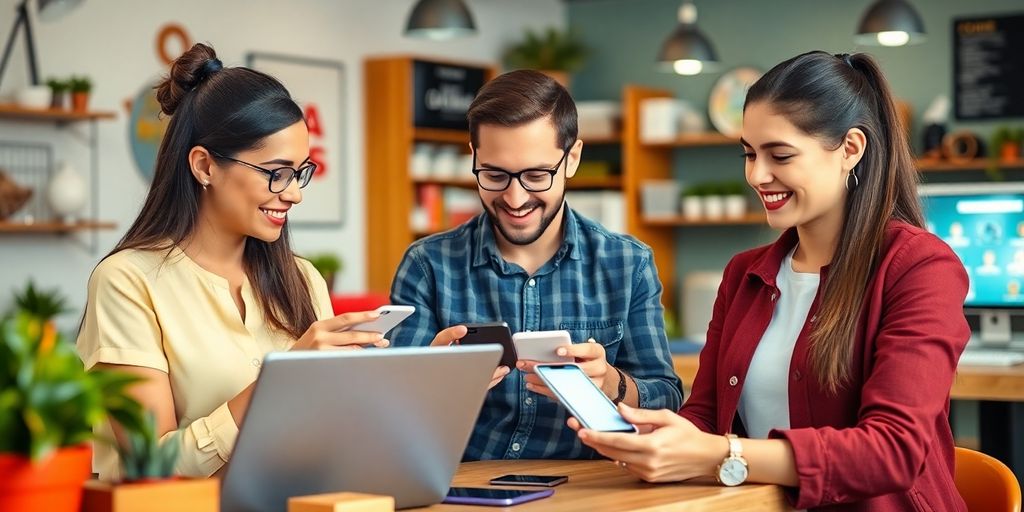 Small business owners using digital payment solutions in office.