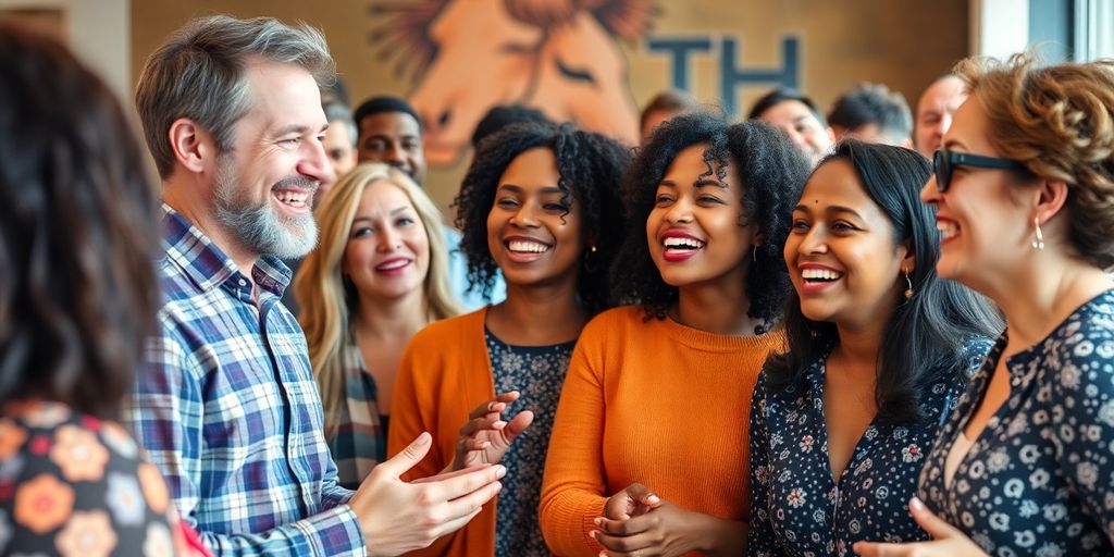 Smiling people connecting and enjoying each other's company.