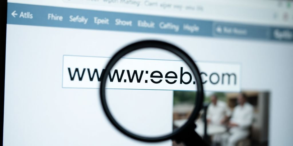 Magnified Google search bar with magnifying glass focusing on a URL.