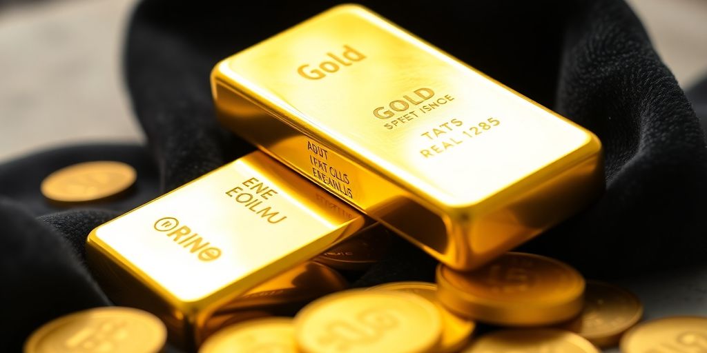 Lingots et pièces d'or sur un fond sombre.